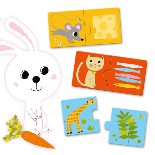 「パズルデュオ ディナーズレディ」という商品です。2ピースを組み合わせる簡単な知育パズルです。動物と食べ物が対になっています。